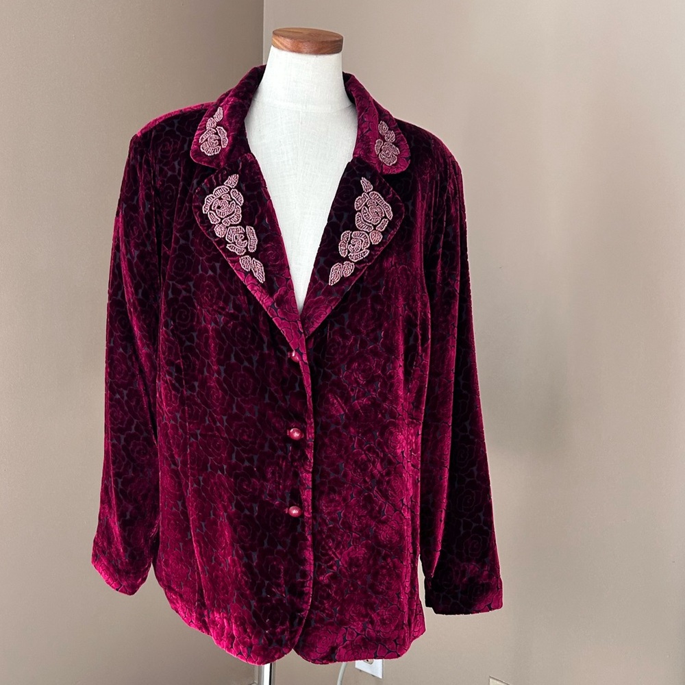 Bob Mackie Art VTG Velvet Beaded Burnout Rose Button Collared Jacket Red 1X